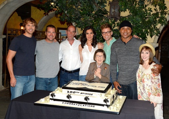 HOLLYWOOD, CA - AUGUST 23:  (L-R) Actors Eric Christian Olsen,Chris O'Donnell, Miguel Ferrer, Daniela Ruah, Linda Hunt, Barrett Foa, L.L. Cool J and Renee Felice Smith attend the CBS' "NCIS: Los Angeles" celebrates the filming of their 100th episode held at Paramount Studios on August 23, 2013 in Hollywood, California.  (Photo by Mark Davis/Getty Images)