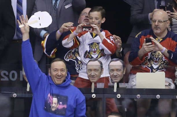 Kevin Spacey Goes To Hockey Game in a “Spacey in Space” Sweatshirt