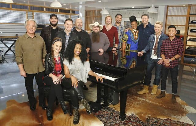 THE VOICE -- "Team Blake Battle Reality" -- Pictured: (l-r) Dan Shaffer, Josh Gallagher, Tarra Layne, Gabe Broussard, Courtney Harrell, Blaine Long, Sundance Head, Austin Allsup, Ethan Tucker, Dana Harper, Blake Shelton, Preston James, Christian Fermin -- (Photo by: Trae Patton/NBC)