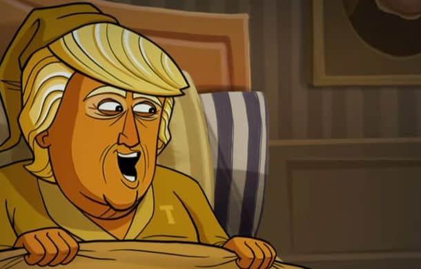 Cartoon Donald Trump Gets Tucked Into Bed By Steve Bannon on The Late Show