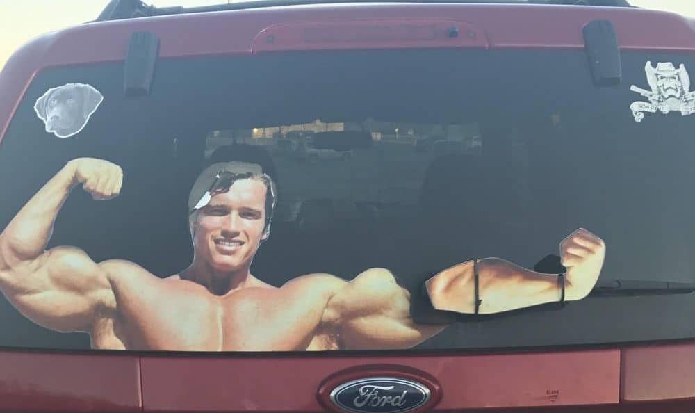 Sign Me Up for this Arnold Schwarzenegger Car Decal Attached to Windshield Wiper