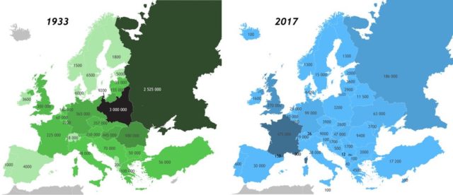 Jewish Populations in Europe in 1933 vs. Today