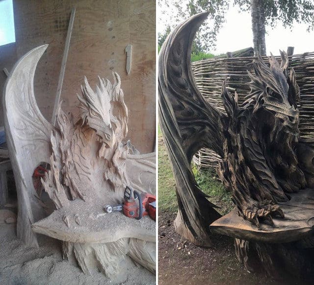 Artist Chainsaw Carves Dragon Bench Out Of Single Piece Of Wood