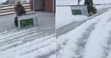 Guy Creates Makeshift Snowplow Out Of Lawnmower And Flatscreen Television Box