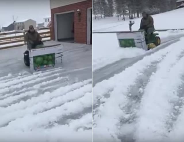 Guy Creates Makeshift Snowplow Out Of Lawnmower And Flatscreen Television Box