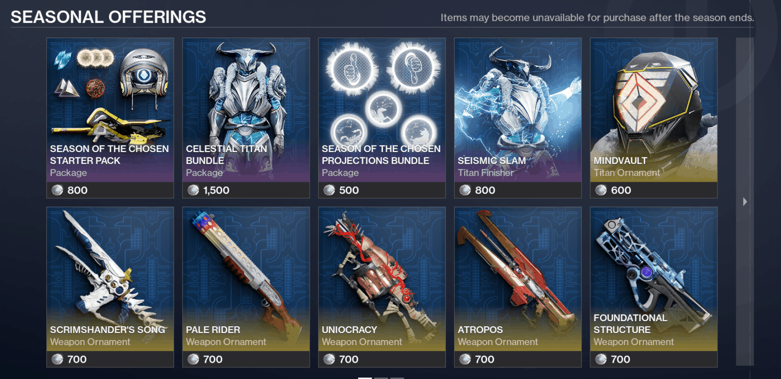 All of the Season of the Chosen Seasonal Offerings in Destiny 2