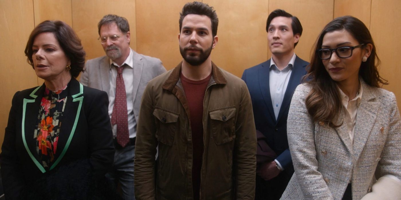 Marcia Gay Harden and Skylar Astin and cast in So Help Me Todd