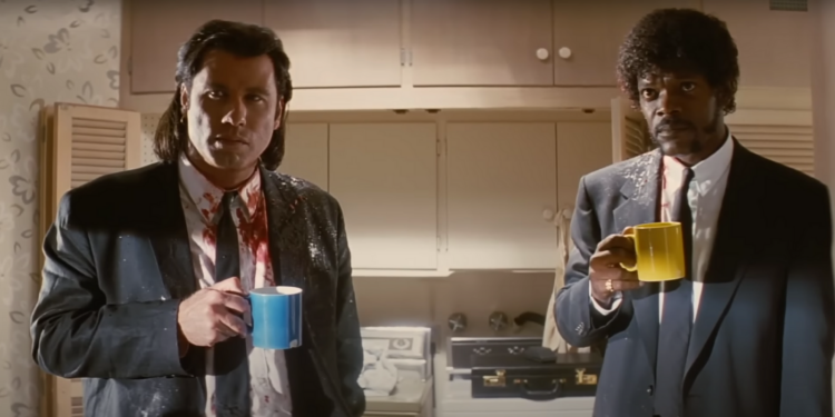 John Travolta and Samuel L. Jackson Drinking Coffee in Pulp Fiction