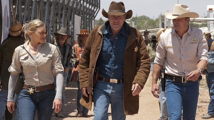 Katee Sackhoff as Victoria Moretti with Robert Taylor as Walt Longmire and Bailey Chase as Branch Connally in Longmire