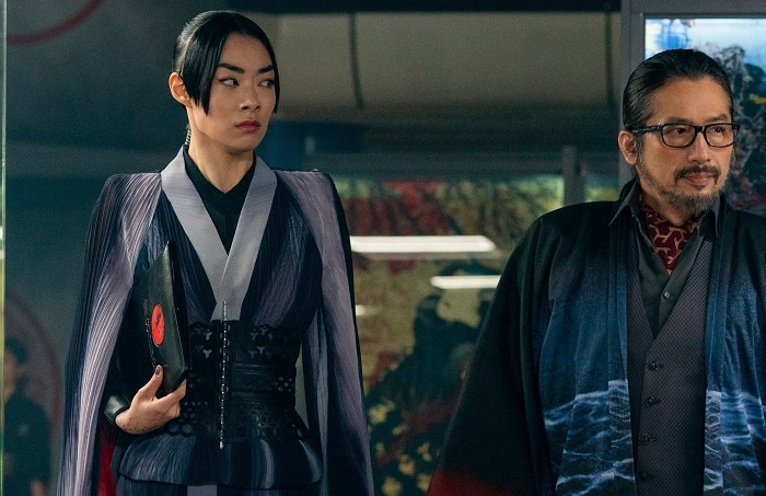 Rina Sawayama and Hiroyuki Sanada as Akira and Shimazu Koji in John Wick: Chapter 4