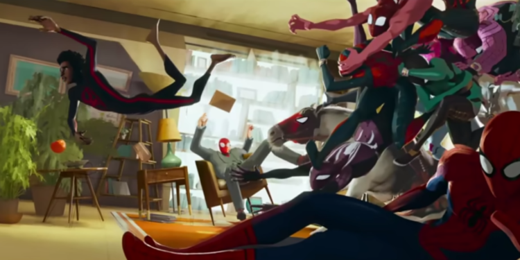 Several Spider-Men chasing Miles Morales through a therapist's office
