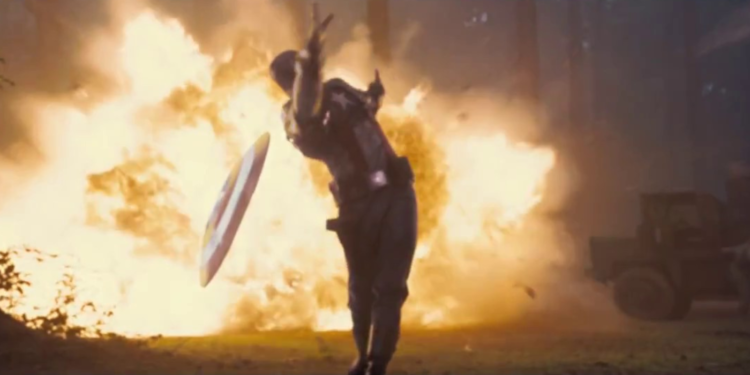 Captain America throwing his shield at the camera