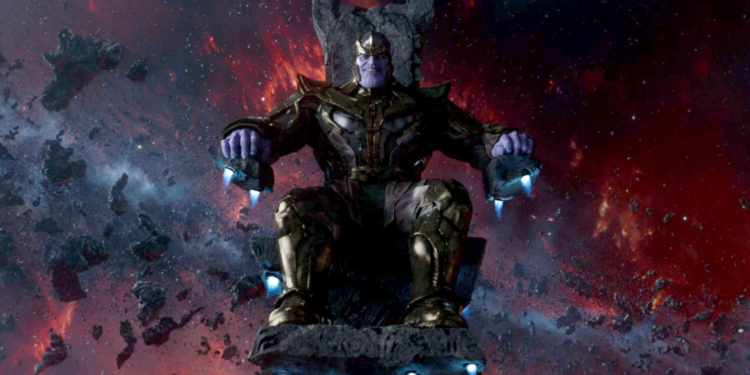 Thanos the Mad Titan sitting on a throne in space