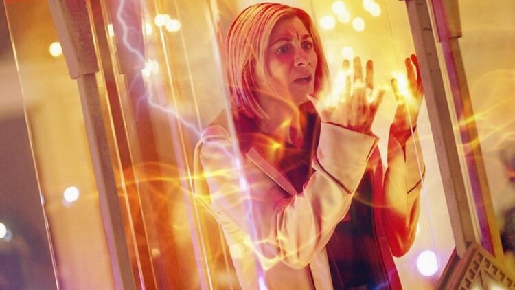 Jodie Whittaker stares in disbelief as she regenerates in Doctor Who