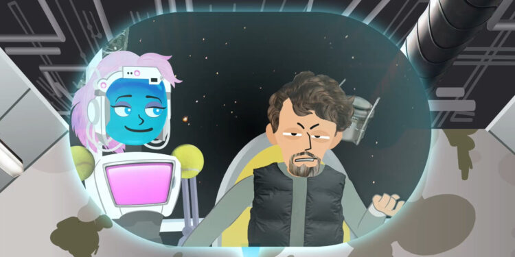 Wellbecca the AI voiced character in Space Junk next to captain.