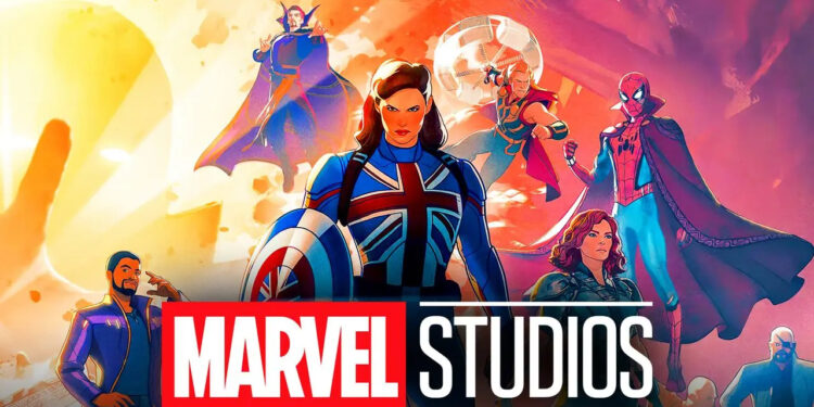 Cast of Marvel's What If...? stand behind the Marvel Studios Logo. Peggy Carter as Captain America/Britain surrounded by the other cast.