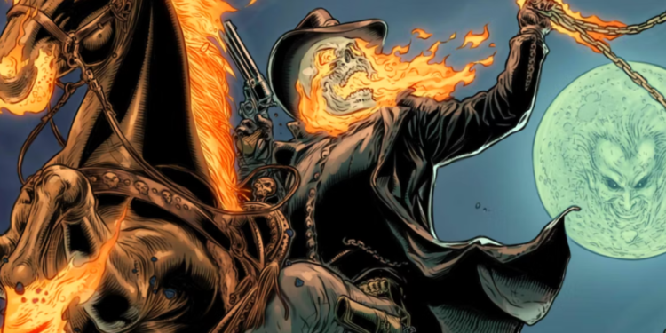 A cowboy version of ghost rider on a flaming horse