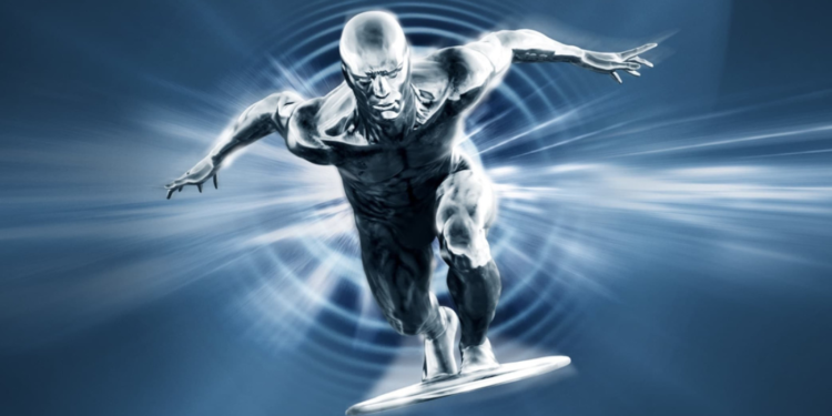Silver Surfer sailing through the universe with the Power Cosmic