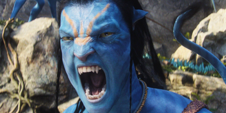 Close-up of Jake with blue paint and an angry expression.