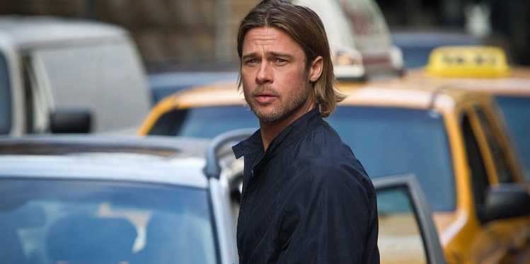 Brad Pitt movies World War Z in Blue Shirt -