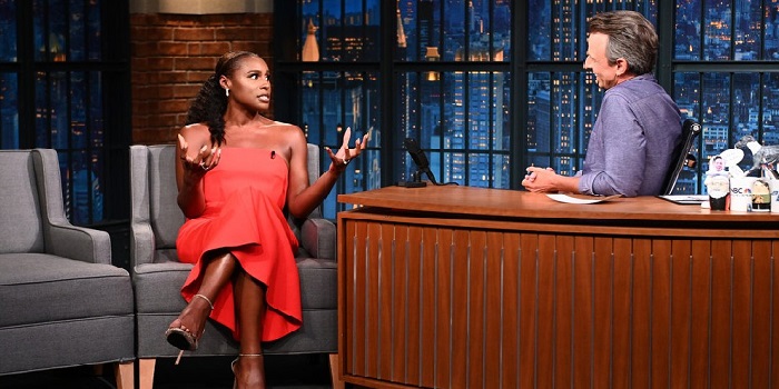 Issa Rae with Seth Meyers