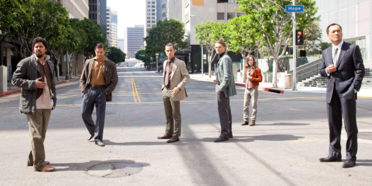 Leonardo DiCaprio, Joseph Gordon-Levitt, Tom Hardy, Elliot Page, Ken Watanabe, and Dileep Rao in Inception (2010)