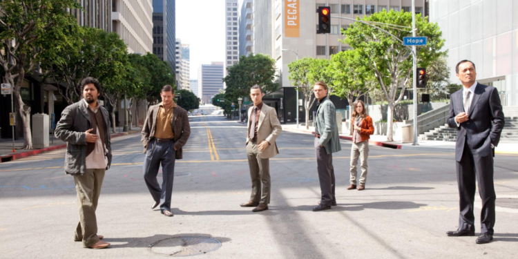 Leonardo DiCaprio, Joseph Gordon-Levitt, Tom Hardy, Elliot Page, Ken Watanabe, and Dileep Rao in Inception (2010)