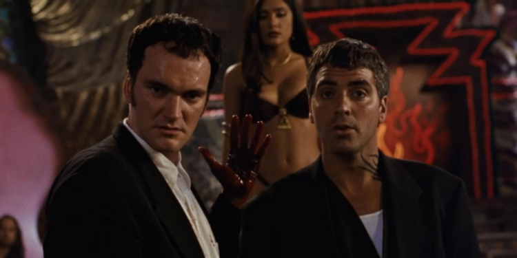 George Clooney, Salma Hayek, and Quentin Tarantino in From Dusk Till Dawn (1996) - not scary Halloween movies