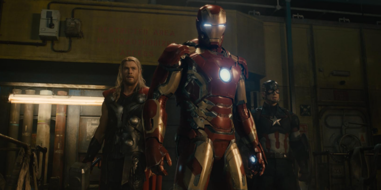 Robert Downey Jr., Chris Evans, and Chris Hemsworth in Avengers: Age of Ultron (2015)