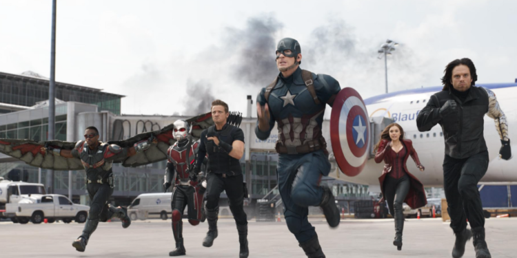 Chris Evans, Elizabeth Olsen, Jeremy Renner, Paul Rudd, Anthony Mackie, and Sebastian Stan in Captain America: Civil War (2016)