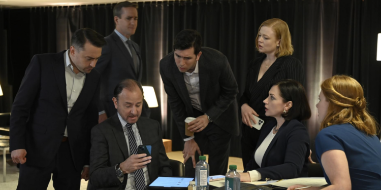 Kieran Culkin, Fisher Stevens, Dagmara Dominczyk, Matthew Macfadyen, Nicholas Braun, and Sarah Snook in Succession (2018)