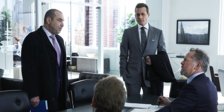 David Costabile, Rick Hoffman, and Gabriel Macht in Suits (2011)