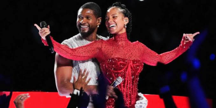 Usher and Alicia Keys performing at Super Bowl 2024