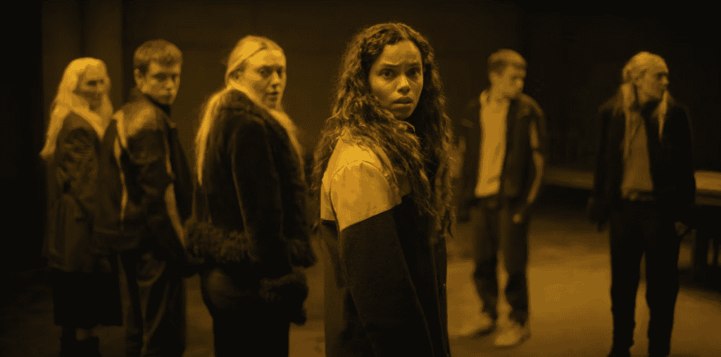 (L-R) Olwen Fouéré, Oliver Finnegan, Dakota Fanning, and Georgina Campbell in The Watchers (2024).