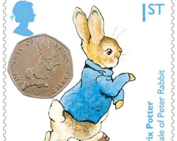 Peter Rabbit on UK stamp and 50p coin