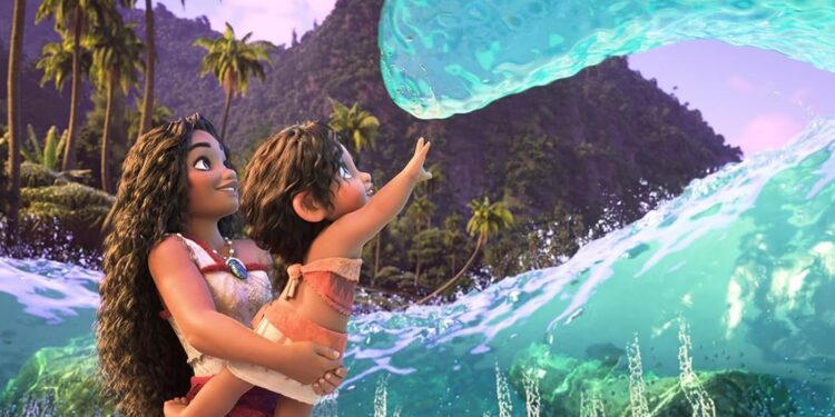 Khaleesi Lambert-Tsuda as Simea and Auli'i Cravalho as Moana in Moana 2