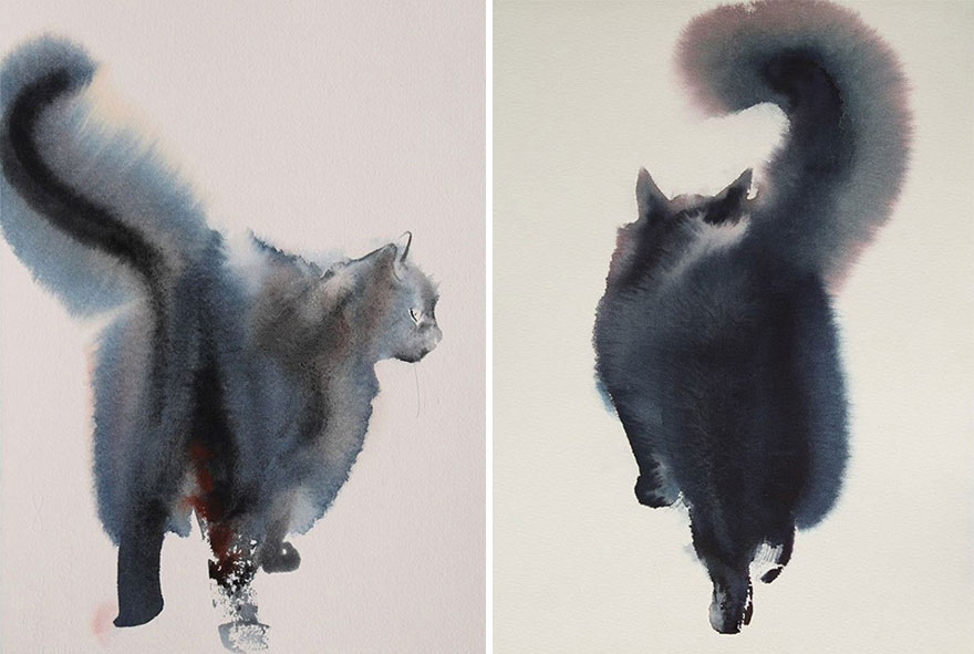 Gloomy Watercolor Cats Slowly Bleeding Into The Paper