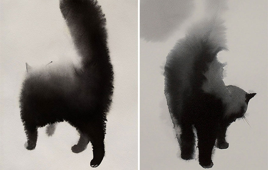 Gloomy Watercolor Cats Slowly Bleeding Into The Paper