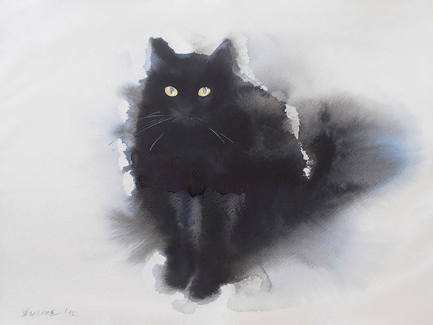 Gloomy Watercolor Cats Slowly Bleeding Into The Paper