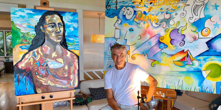 Pierce Brosnan Posing with His Artwork 