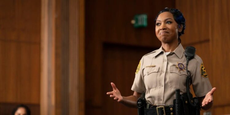 Gabrielle Dennis in a courtroom sketch in HBO’s “A Black Lady Sketch Show.”