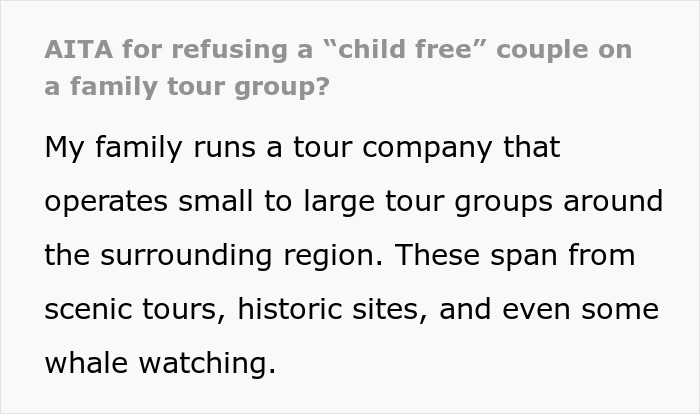 “AITA For Refusing A ‘Child Free’ Couple On A Tour Group For Families?”