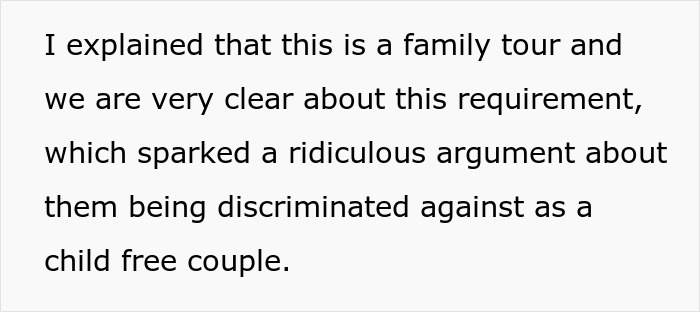 “AITA For Refusing A ‘Child Free’ Couple On A Tour Group For Families?”