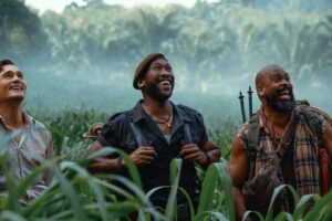 Mahershala Ali, Rupert Friend, and Bechir Sylvain in Jurassic World: Rebirth