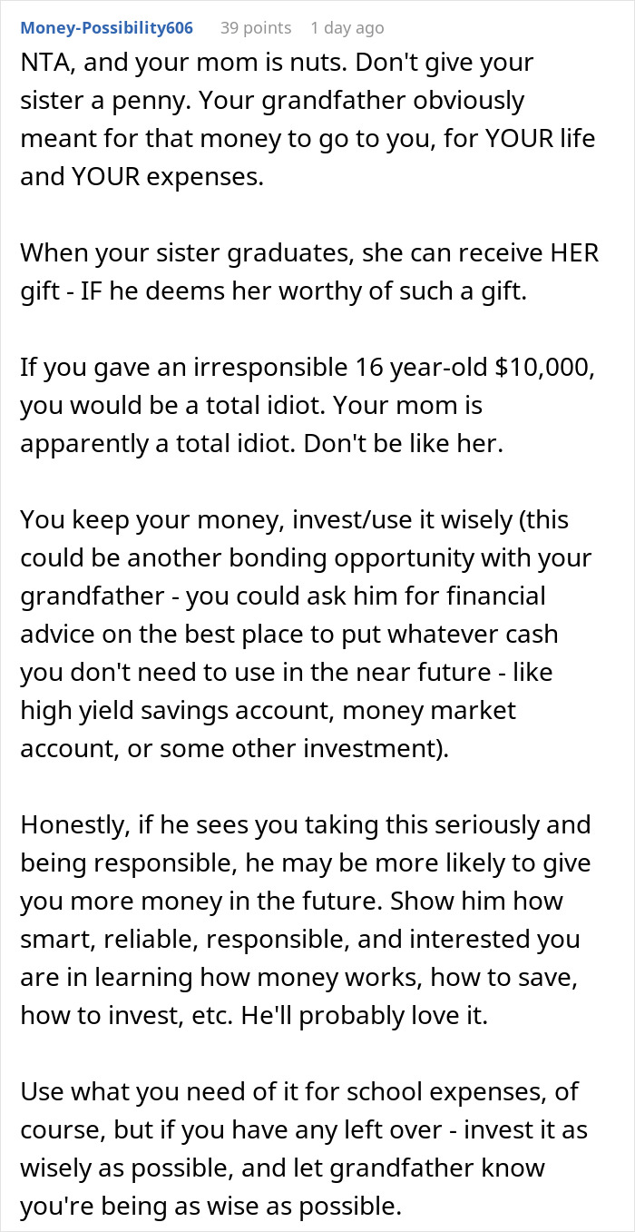 Wealthy Grandpa Gifts Grandson $10K For Getting Into College, Mom Mad He Won’t Share With Wild Sis