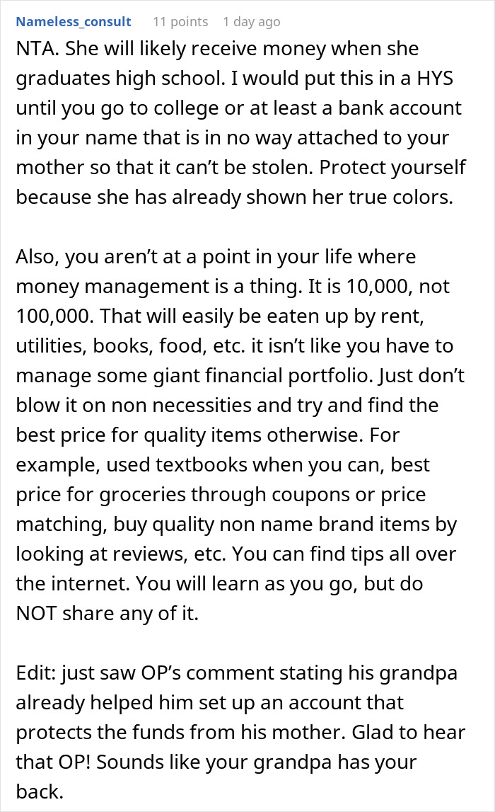 Wealthy Grandpa Gifts Grandson $10K For Getting Into College, Mom Mad He Won’t Share With Wild Sis
