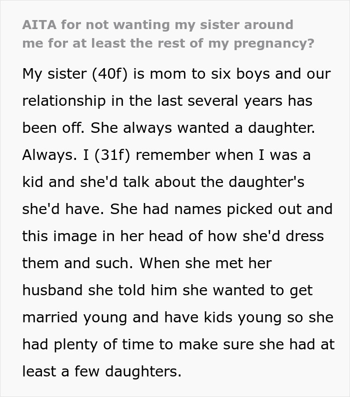 Pregnant Woman Scared Of Sister Who Is A Mom Of 6 Boys In The Case Her Baby Is A Girl