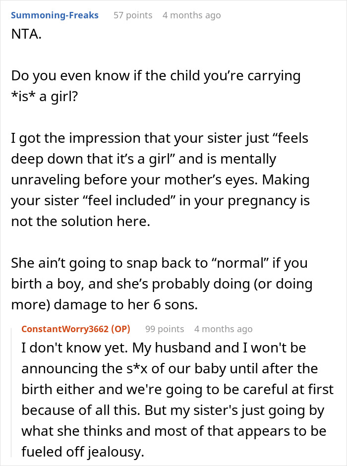 Pregnant Woman Scared Of Sister Who Is A Mom Of 6 Boys In The Case Her Baby Is A Girl