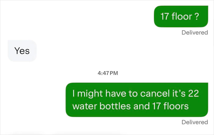 Instacart Shopper Refuses To Carry 168 Bottles And 14 Jugs Of Water Up 17 Floors: “You Have To Use The Stairs”