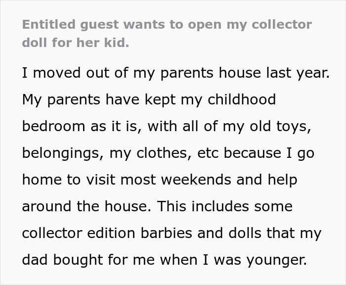 Woman Catches Guest Sneaking Into Her Room, Stops Her Just Before Her Kid Opens Her Collector Doll